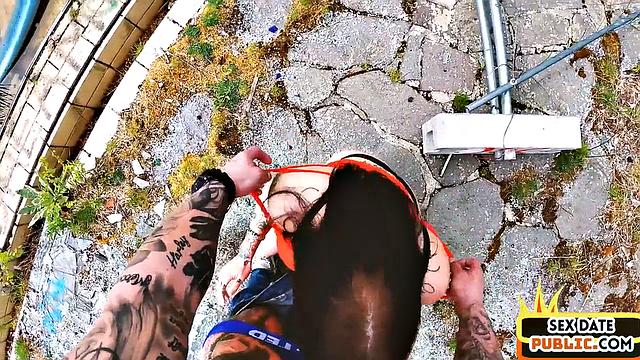 Horny big-titted MILF doggy-fucked outdoors