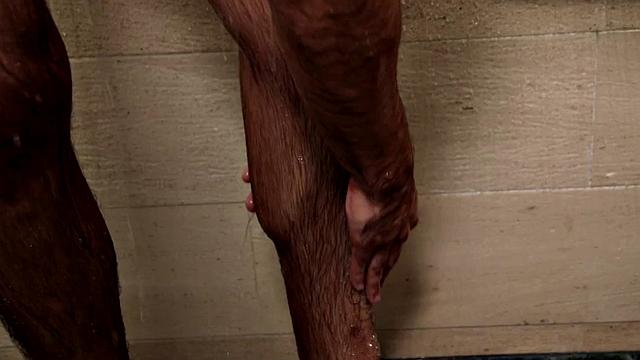 Bearded jock masturbates in close-up action after shower