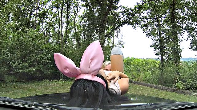 Blonde and brunette lesbians get kinky with pussy play & outdoor 69