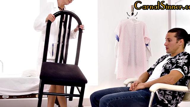 Busty nurse deepthroats in 69 and rides patient's cock