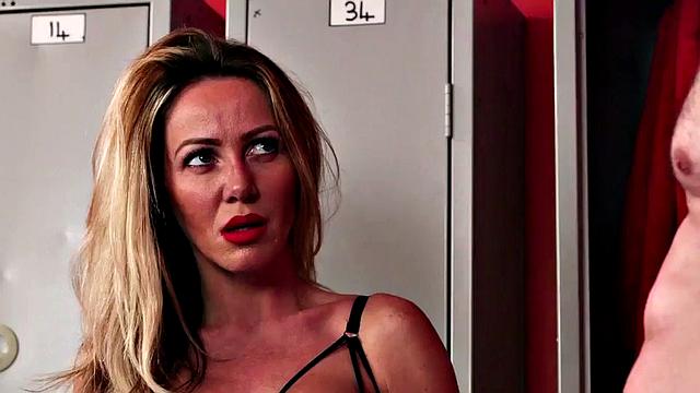 Voyeur locker room MILF teases guy who jerks off in front of her