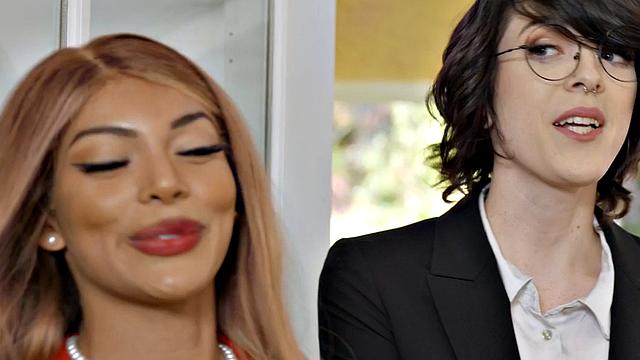 Blonde and brown-haired shemale gets her ass slammed from behind in glasses