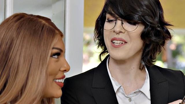 Blonde and brown-haired shemale gets her ass slammed from behind in glasses