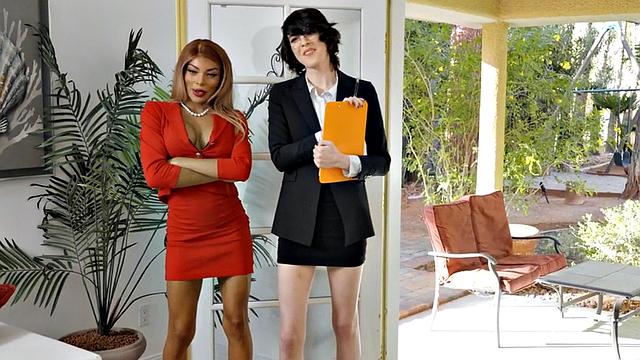 Blonde and brown-haired shemale gets her ass slammed from behind in glasses