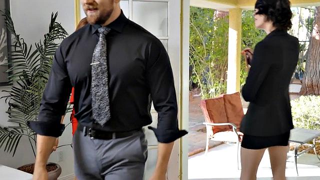 Blonde and brown-haired shemale gets her ass slammed from behind in glasses