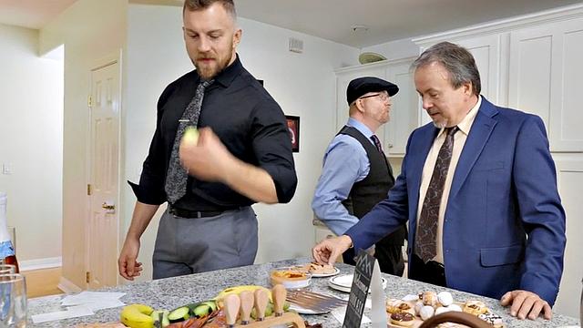 Blonde and brown-haired shemale gets her ass slammed from behind in glasses