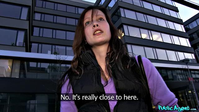 Tall brunette beauty convinces public agent to bang her hard in open field