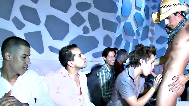 Party gays suck strippers in public group oral