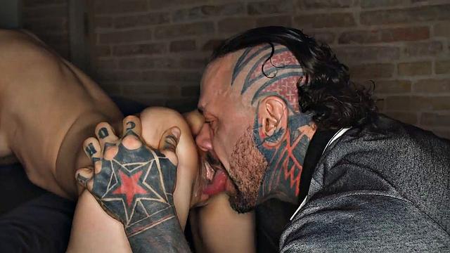 Inked fellow drills brunette girlpartner's clean-shaven cunny until she's frosted in cum.