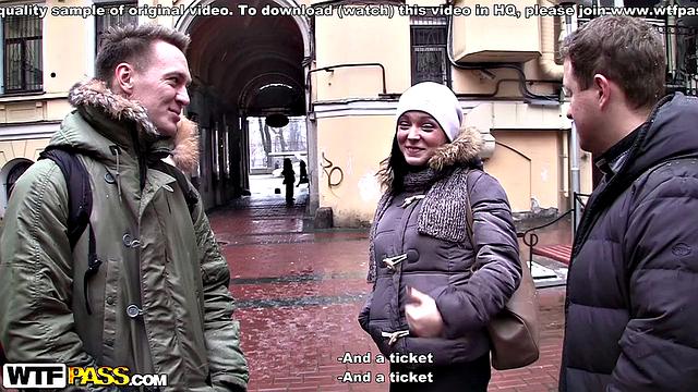 Sweet brunette tackles two steely peckers