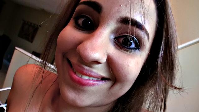 Amateur brunette with small tits sucks balls at the table and gets a pierced pussy