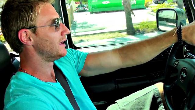 Blonde with earrings gets in trouble in the garage with a car-hungry guy