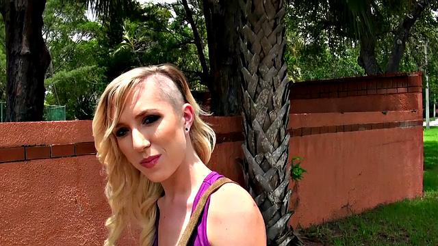 Blonde with small tits enjoys a wild outdoor fuck n lick with a big dick