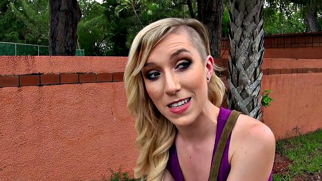 Blonde with small tits enjoys a wild outdoor fuck n lick with a big dick