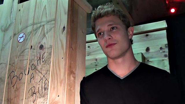 Gloryhole amateur stud fucked in sling by blond after BJ