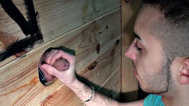 Gloryhole amateur stud fucked in sling by blond after BJ