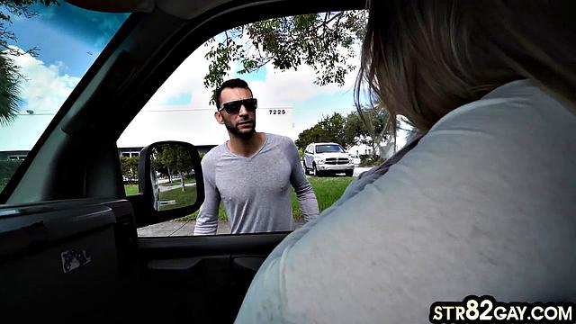 Straight guy gets his first anal experience in a van with another man