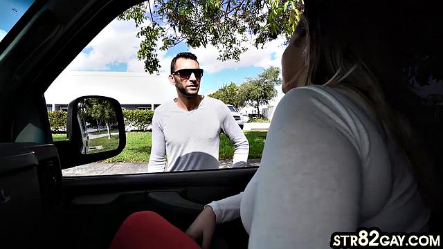 Straight guy gets his first anal experience in a van with another man