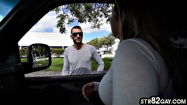 Straight guy gets his first anal experience in a van with another man