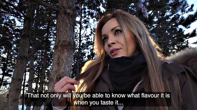 Naughty babe with small tits takes on a massive dick in public & gets pounded from behind