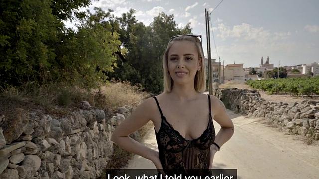 Blonde Spanish beauty pulled and banged outdoors for cash