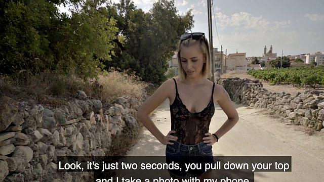 Blonde Spanish beauty pulled and banged outdoors for cash