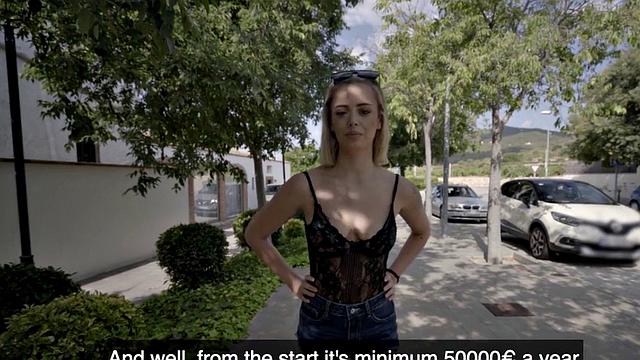 Blonde Spanish beauty pulled and banged outdoors for cash