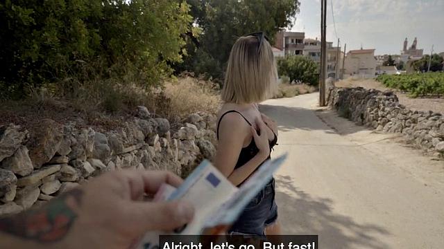 Blonde Spanish beauty pulled and banged outdoors for cash