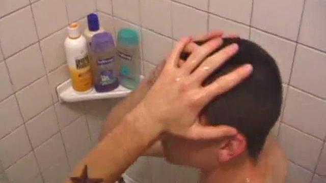 As Dan takes a shower he soaps down his wet naked body, working up a good lather and nice big boner. After edging himself a few times, he's squirting out a monster cum gusher.