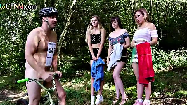 CFNM British femdom babes suck cock in outdoor group