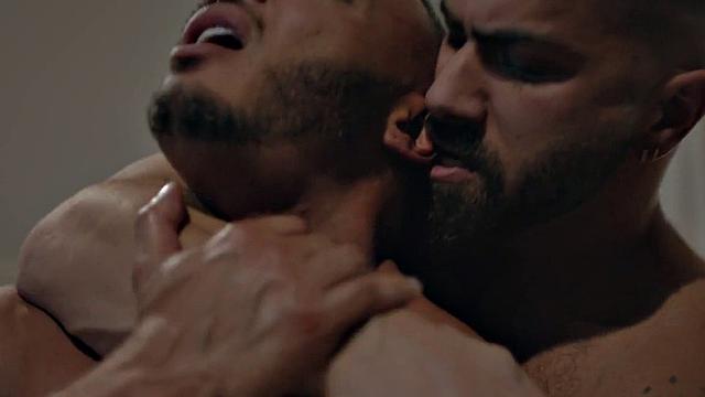 Bottom BBC barebacked by inked stud in doggy on bed