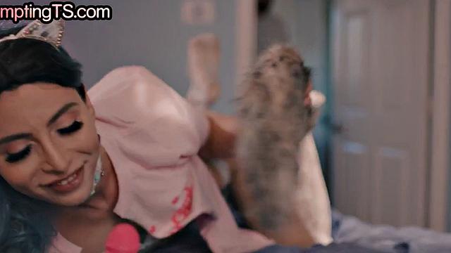 Toys loving Trans in sexy lingerie bareback fucked