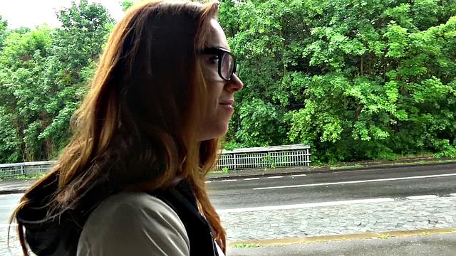 A tattooed amateur babe smile and ride POV doggystyle with glasses on