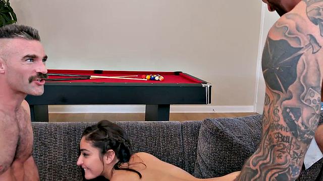 Cockhungry babe doggystyled in 3some while sucking