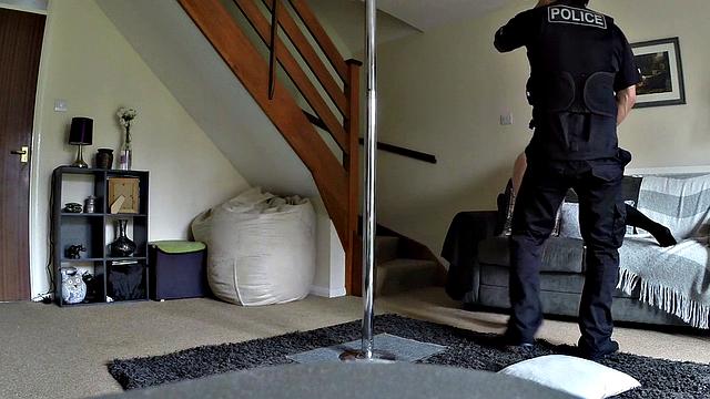 A tattooed slut dance and fuck a cop in shorts while getting her pussy fingered and reverse cowgirl fucked in doggystyle