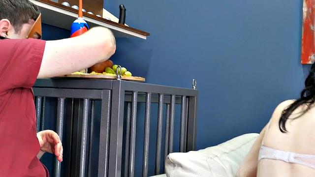 Teen sub face filled with food