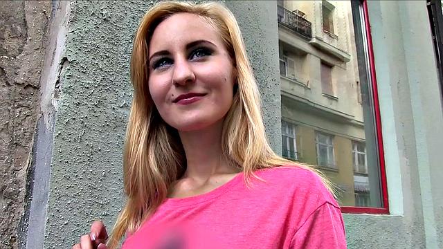 Hot blonde babe fucks a stranger in public place