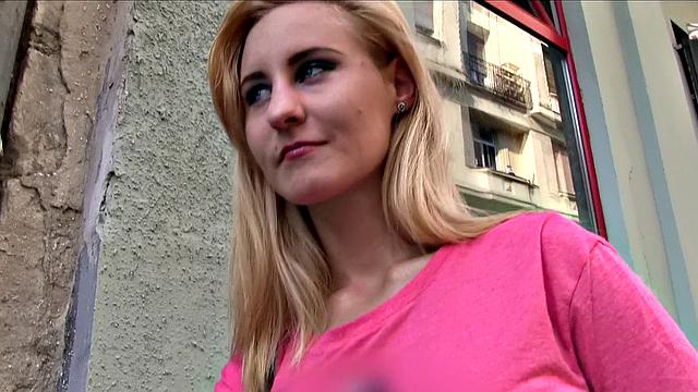 Hot blonde babe fucks a stranger in public place