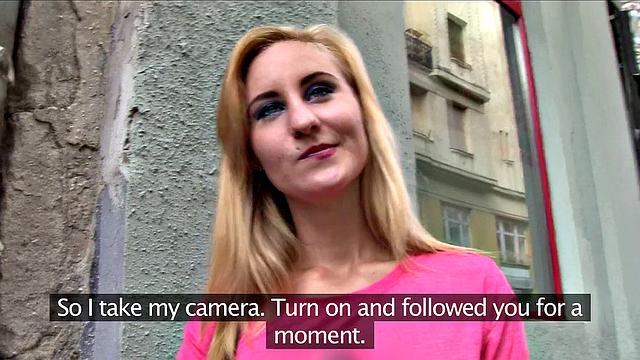 Hot blonde babe fucks a stranger in public place