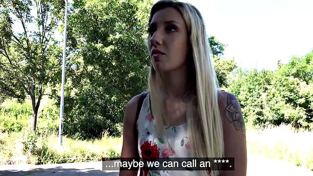 Public babe POV fucked outdoors for cash after casting