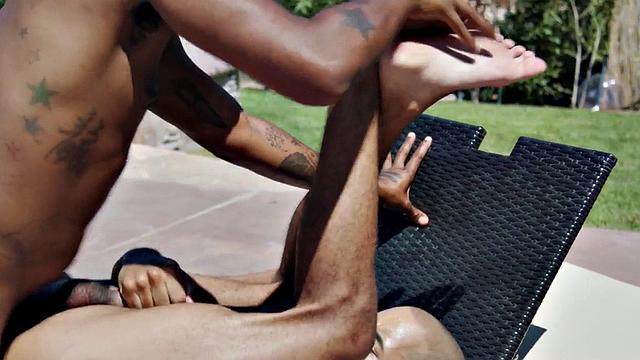 Black stud deepthroating at pool before barebacking