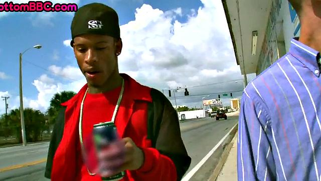 Real Black tattooed guy public fucked outside by white top