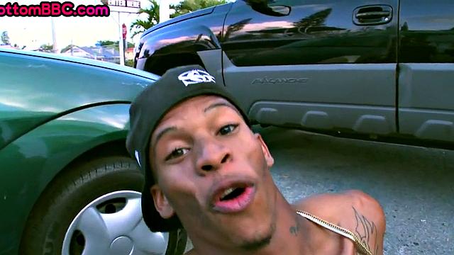 Real Black tattooed guy public fucked outside by white top