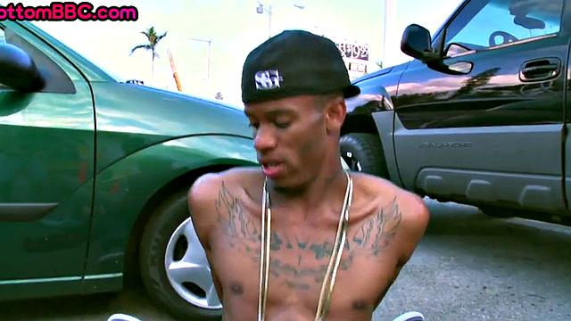 Real Black tattooed guy public fucked outside by white top