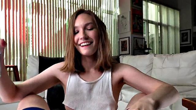 21yo GF with small boobs handjob wanks cock in dirty talking POV