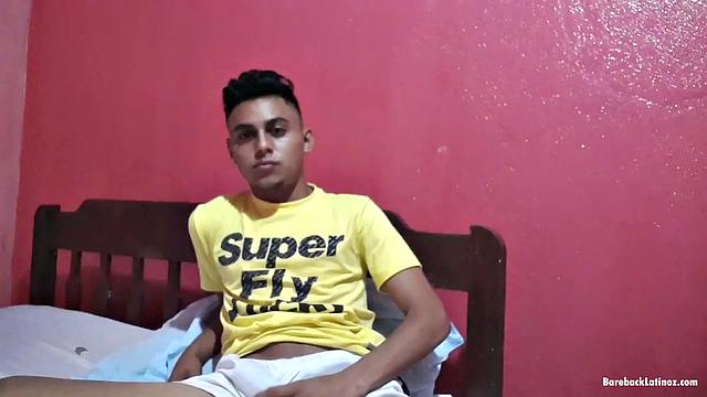 Elian strips to his underwear and starts jerking off with determination. 