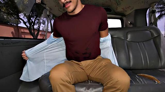 Picked up guy fucks tied up gay in public van outdoor