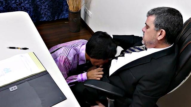 Businessman bareback fucks Asian twink in office