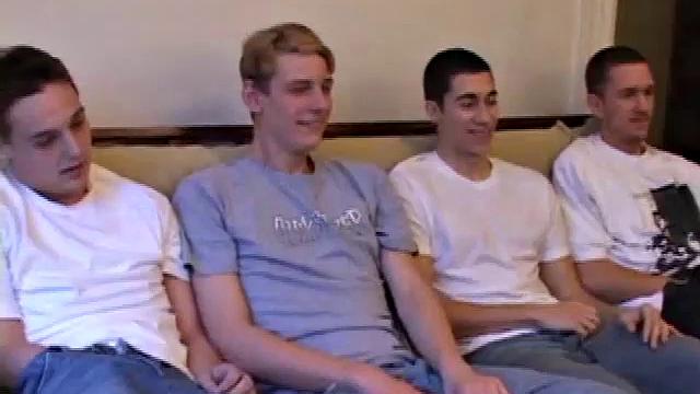 While watching a porn video, Levi, Gunner, Skylerr and Casper rub their crotches to get hard. When they strip off their clothes the boys expose their rock hard