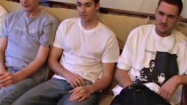 While watching a porn video, Levi, Gunner, Skylerr and Casper rub their crotches to get hard. When they strip off their clothes the boys expose their rock hard